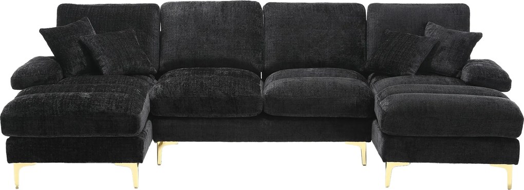 Canapea modulară mare, modernă, în formă de U, din chenille, cu dublu șezlong rabatabil, Negru