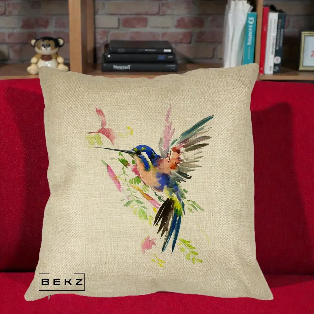 Perna Decorativa Colibri Acuarela, 40x40 cm, Crem, Husa Detasabila, Perna Inclusa, BEKZ®