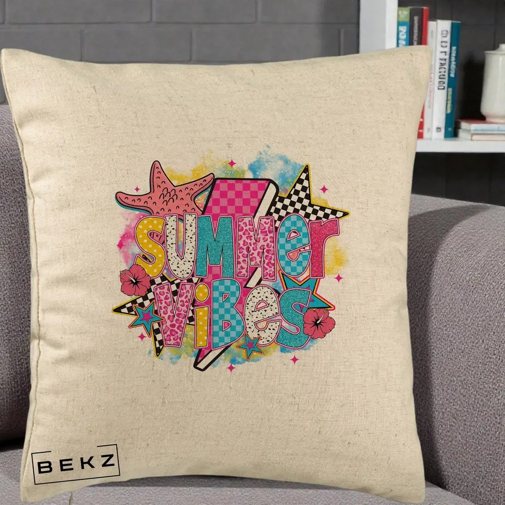 Perna Decorativa Summer Vibes Colorata, 40x40 cm, Bej, Husa Detasabila, Perna Inclusa, BEKZ®