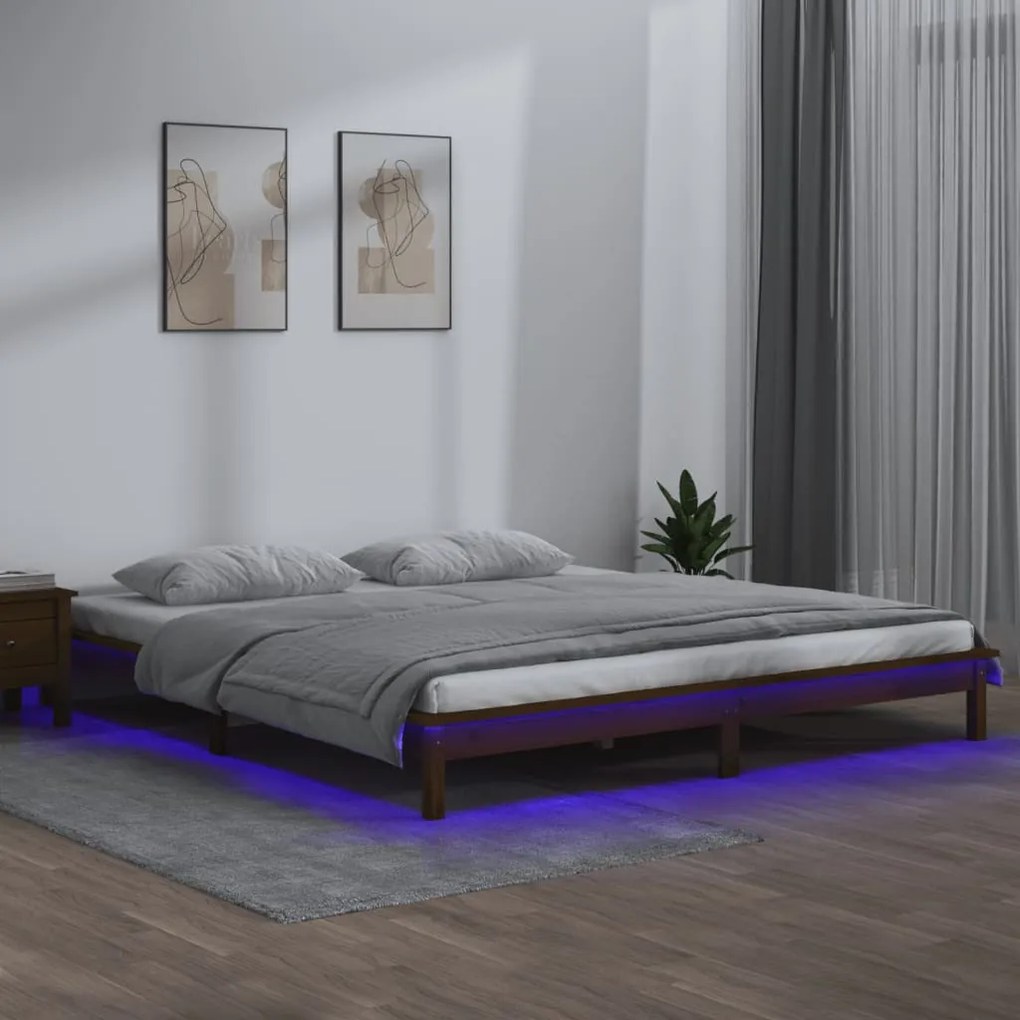 vidaXL Cadru pat cu LED mic dublu maro miere 120x190 cm lemn masiv