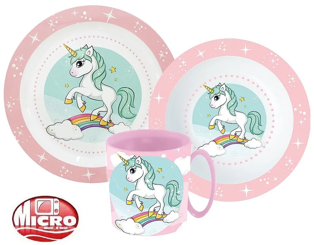 Unicorn Range set de veselă, set micro din plastic cu cană 350 ml