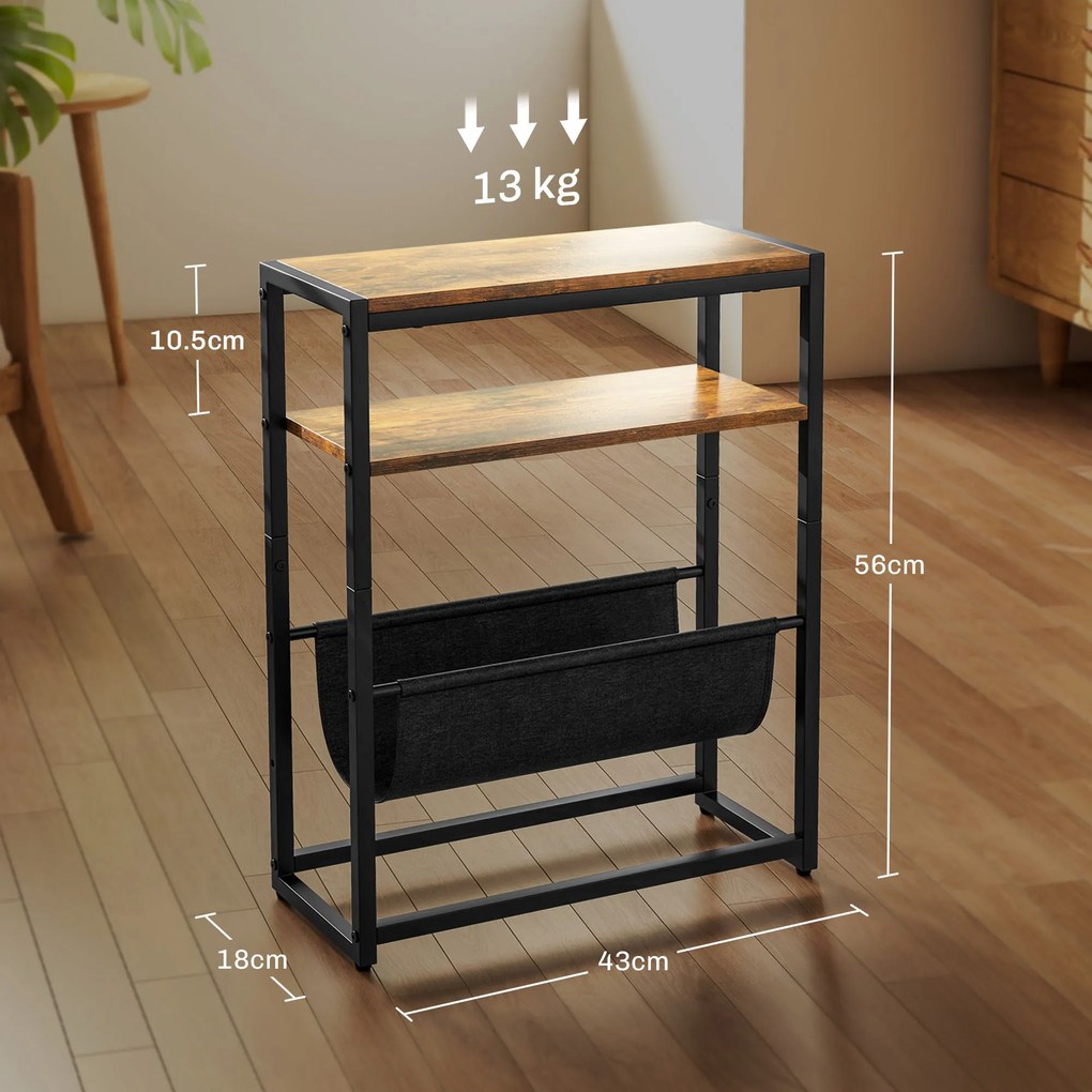 HOMCOM Măsuță De Living Îngustă cu 2 Rafturi, Suport Reviste V, PAL Oțel, 43x18x56 cm, Maro Rustic | Aosom Romania