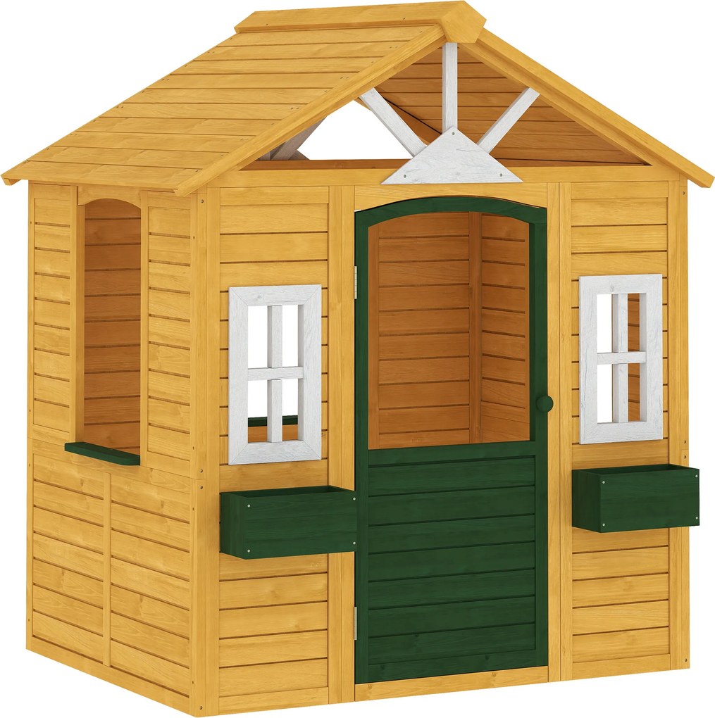 AIYAPLAY Căsuță de Grădină pentru Copii din Lemn de Molid, Căsuță de Exterior cu 3 Ferestre, 2 Jardiniere, Ușă și Acoperiș, pentru Copii 3-8 Ani, Interior și Exterior, 134.5x97x150 cm, Maro | Aosom Romania