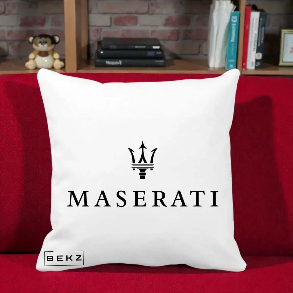 Perna Personalizata cu emblema Maserati, 40x40 cm, Alba Mata, Husa Detasabila, Perna Inclusa, BEKZ®