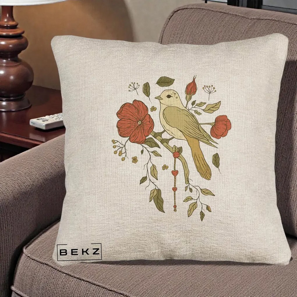 Perna Decorativa Pasare pe Ramura cu Maci, 40x40 cm, Bej Canapea, Husa Detasabila, Perna Inclusa, BEKZ®