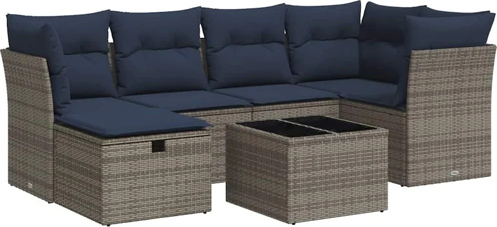 vidaXL Set canapele de grădină, 7 piese, cu perne, gri, poliratan