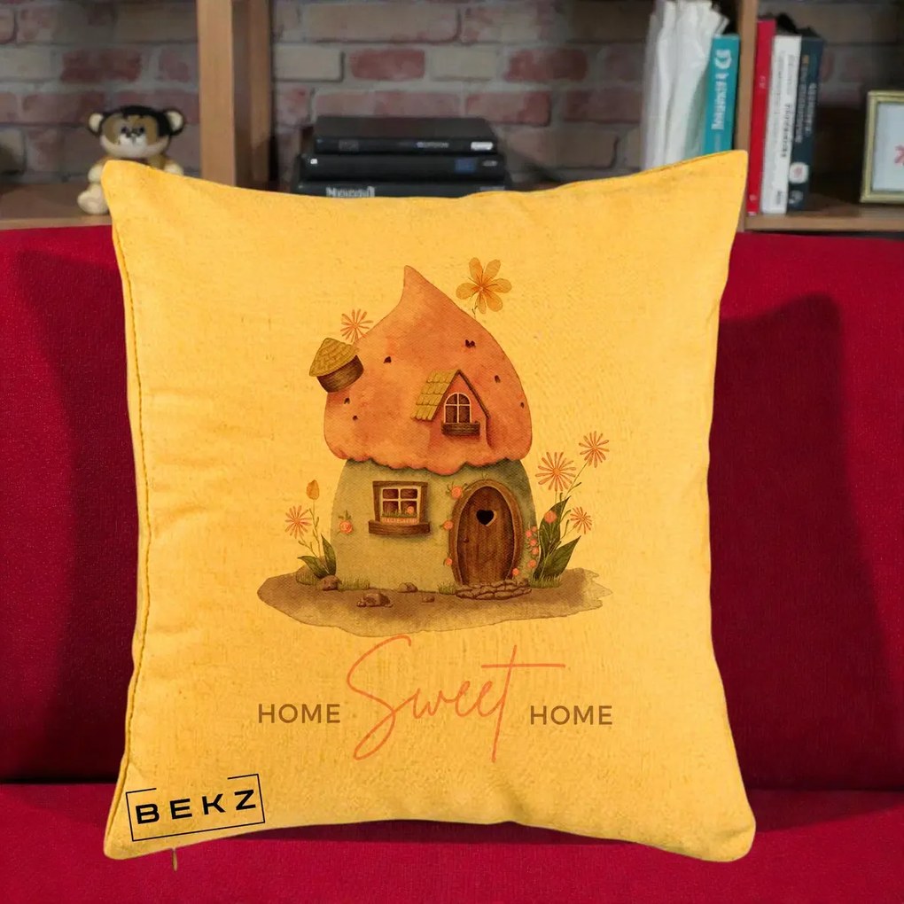 Perna Decorativa Home Sweet Home Casuta, 40x40 cm, Galben, Husa Detasabila, Perna Inclusa, BEKZ®