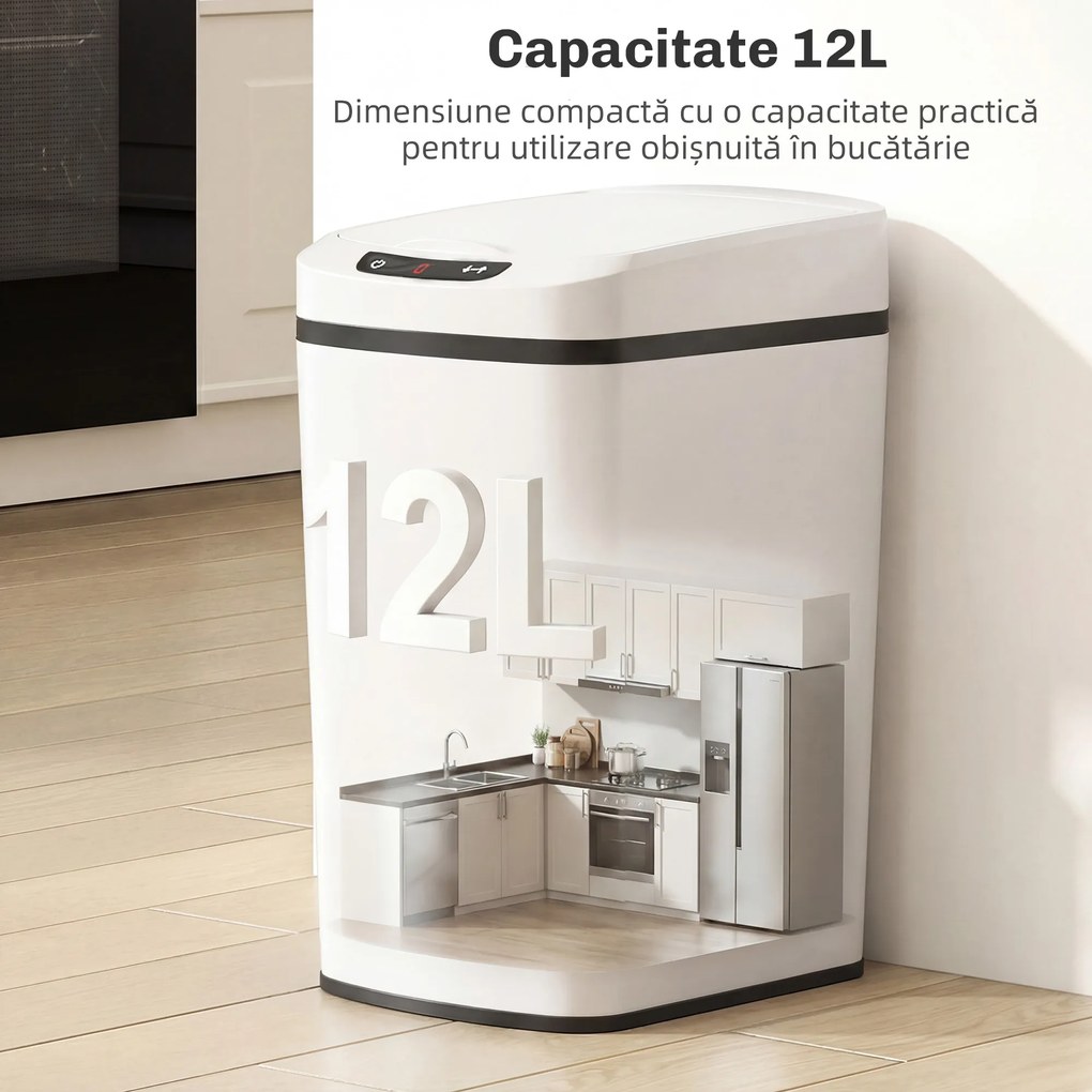 HOMCOM Coș de Gunoi de 12L cu Senzor Infraroșu, Buton Touch și Găleată Detașabilă, Coș de Gunoi din Oțel Inoxidabil, ABS și PP, 28x22x41 cm, Alb | Aosom Romania