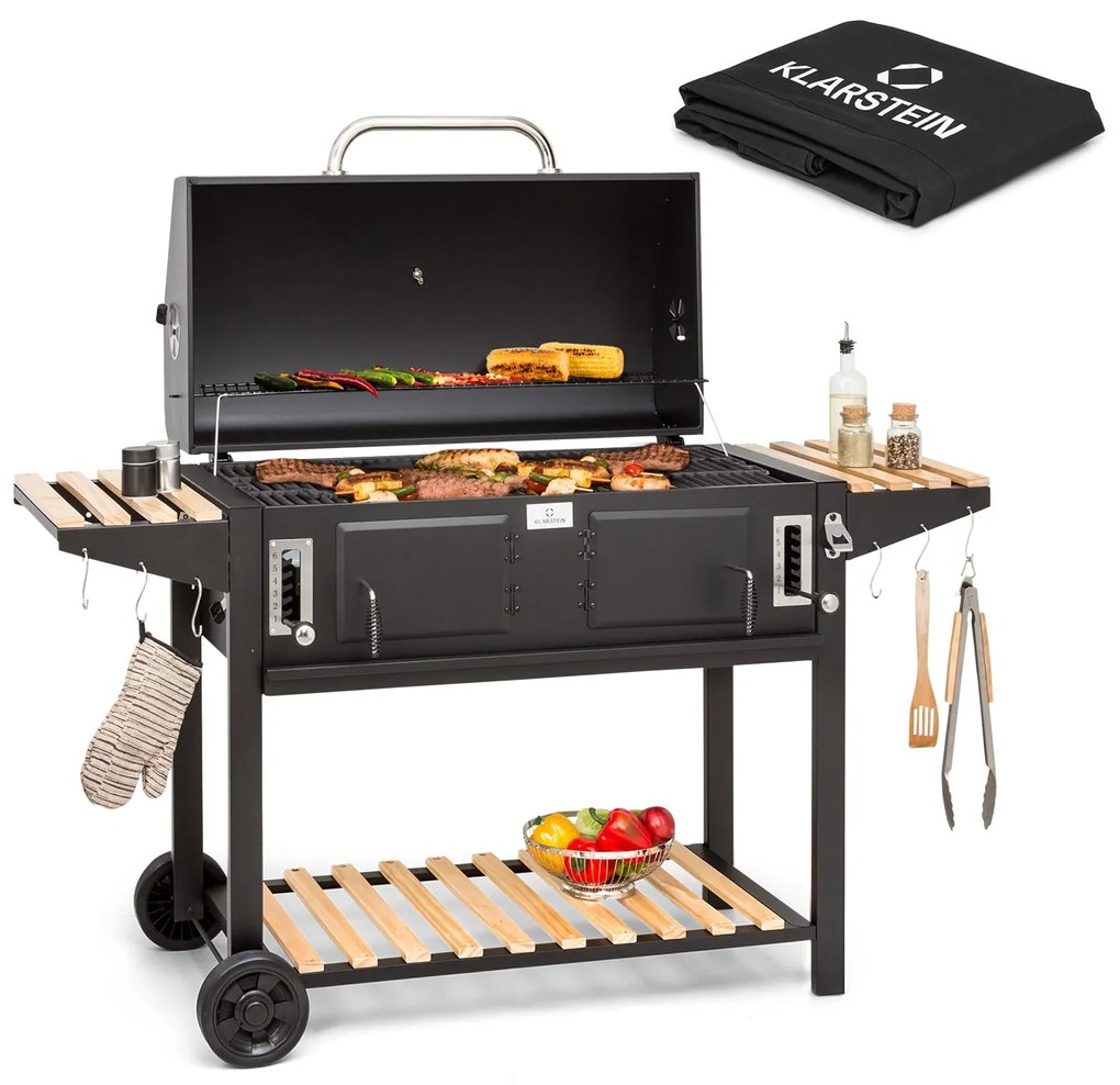 Aberdeen Double Charcoal Grill Smoker Thermometer 2 Side Tables Mobile