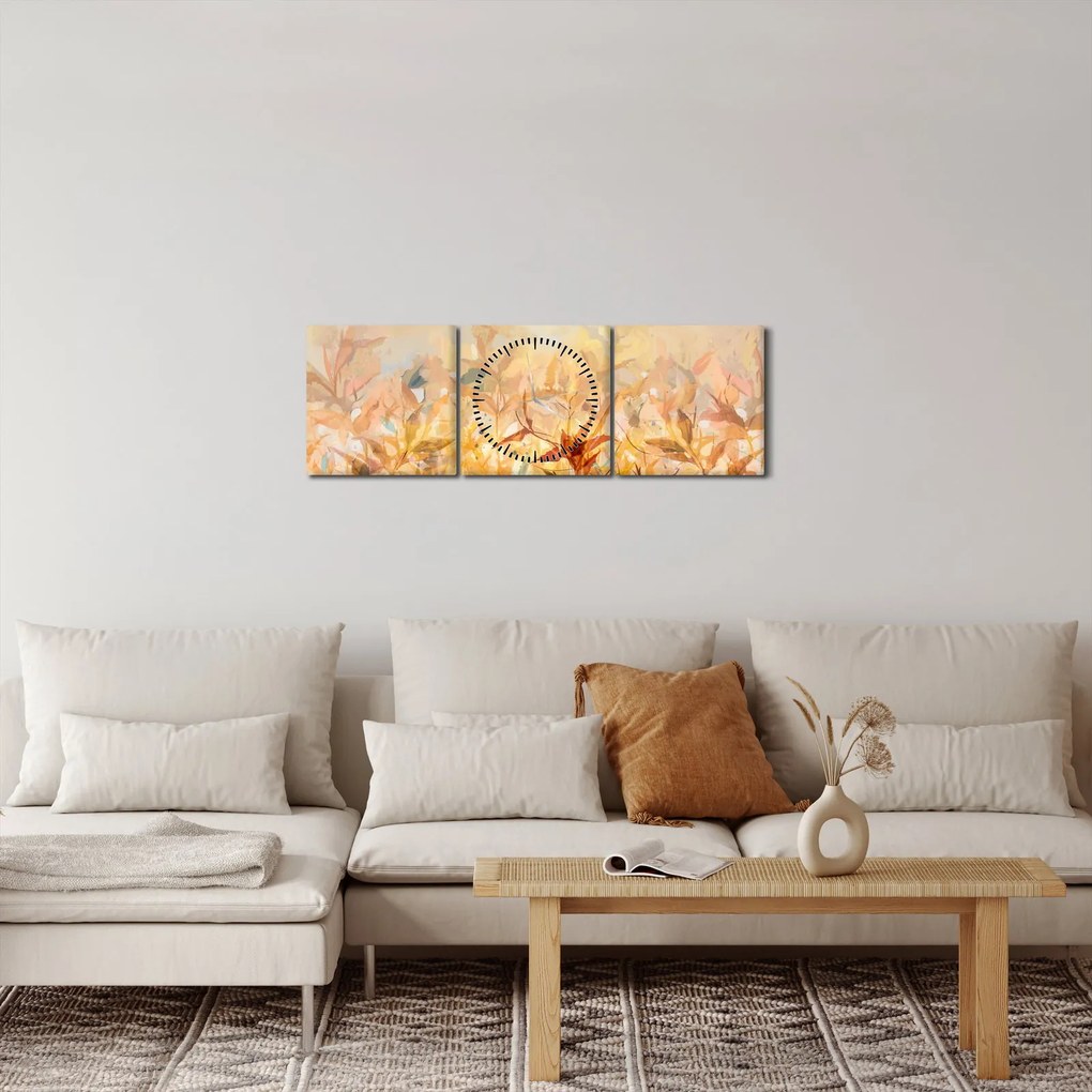 Tablou - Frunze în culori de toamnă, pictură în ulei (cu ceas) (90x30 cm)