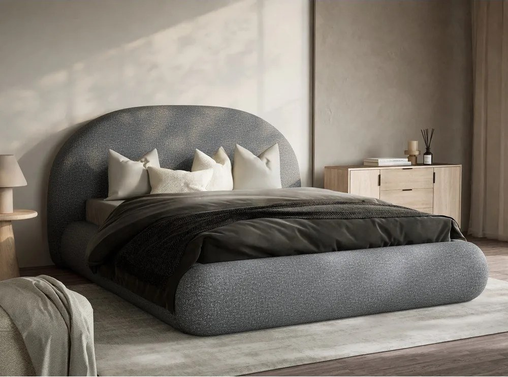 Pat matrimonial gri tapițat cu spațiu de depozitare cu somieră 160x200 cm Maumere – Maison de Rêve