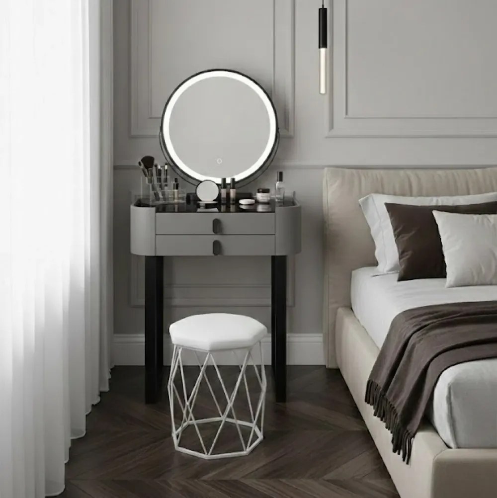 Set Bianca, Masă de toaletă pentru machiaj cu oglindă iluminată LED, control touch, taburet tapitat, 60x38x76 cm, Gri/Negru