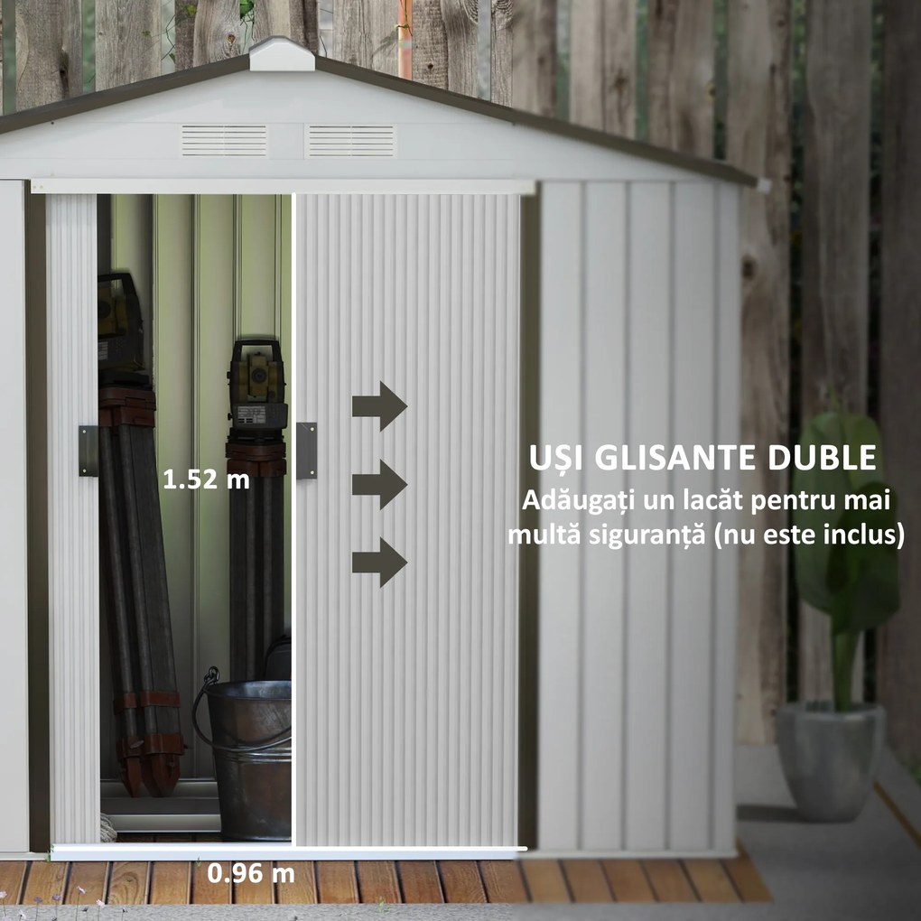 Sopron de gradina din tabla de otel, casuta de gradina cu usi glisante, pentru depozitare si organizare 213x130x185 cm, alb Outsunny | Aosom Romania