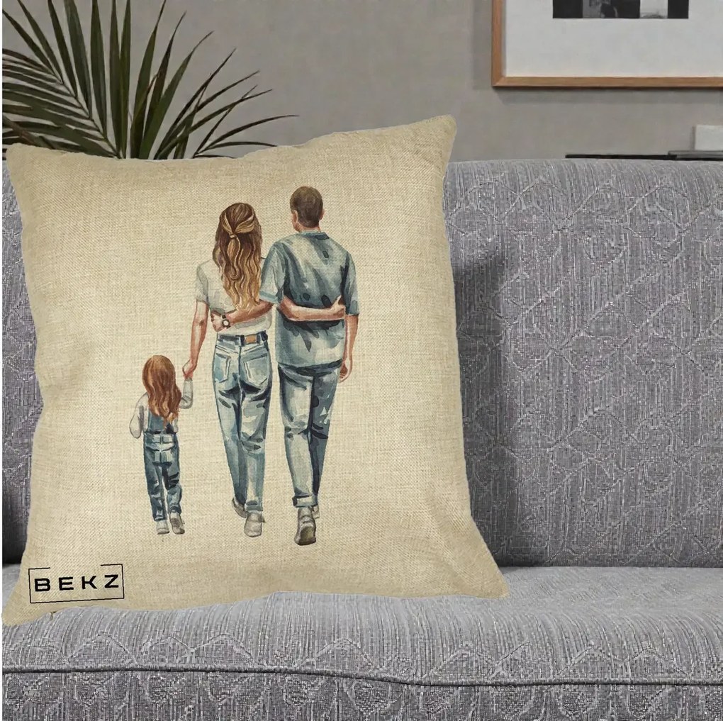 Cadou pentru Familie - Perna Personalizata Familie Acuarela Jeans, 40x40 cm, Crem, Husa Detasabila, Perna Inclusa, BEKZ®