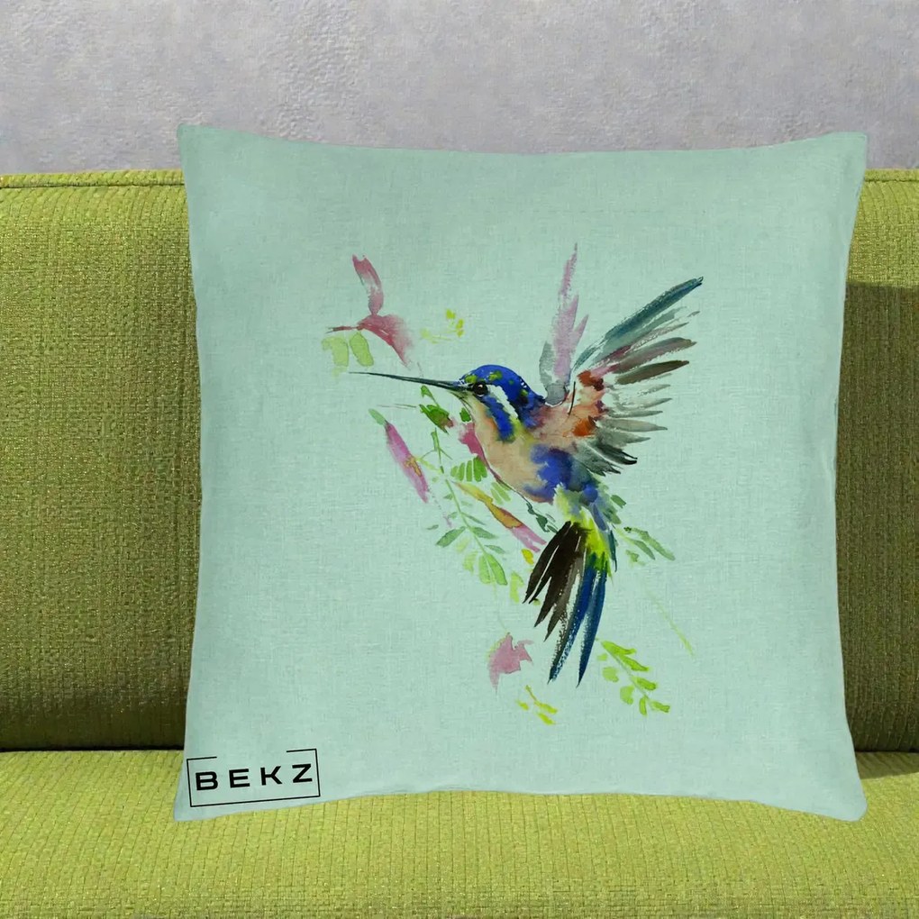 Perna Decorativa Colibri Acuarela, 40x40 cm, Verde Menta, Husa Detasabila, Perna Inclusa, BEKZ®