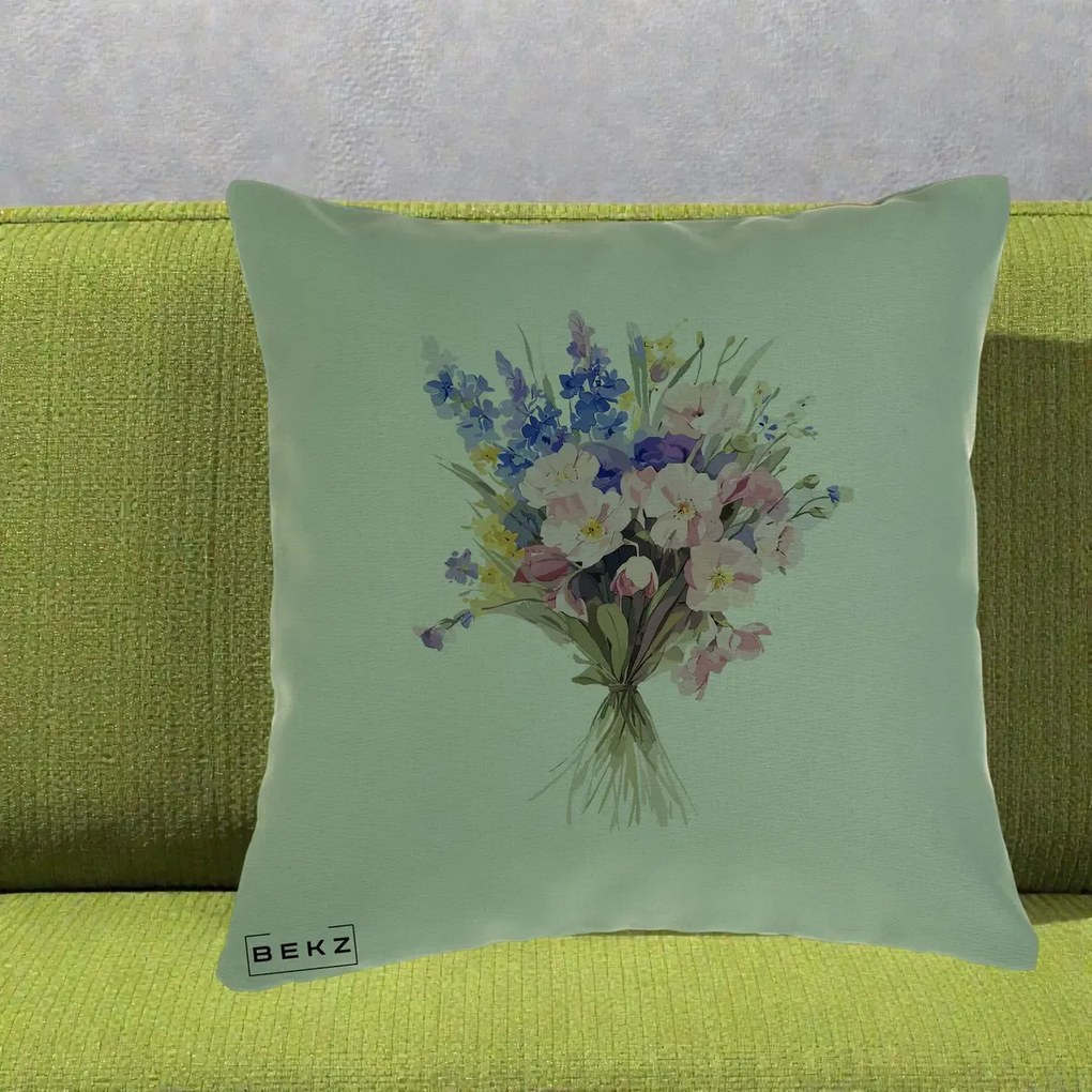 Perna Decorativa Buchet Floral Acuarela Primavara, 40x40 cm, Verde, Husa Detasabila, Perna Inclusa, BEKZ®