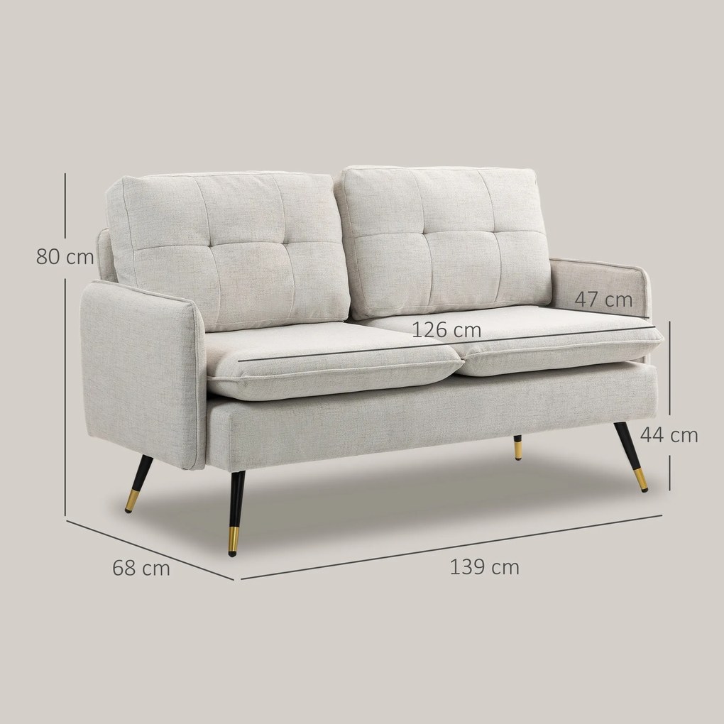 HOMCOM Divano 2 Posti in Tessuto Effetto Lino con Braccioli e Cuscini Imbottiti, Divanetto 2 Posti Moderno con Gambe in Acciaio, per Ufficio, Soggiorno, Salotto e Camera da Letto, 139x68x80 cm, Crema | Aosom Romania