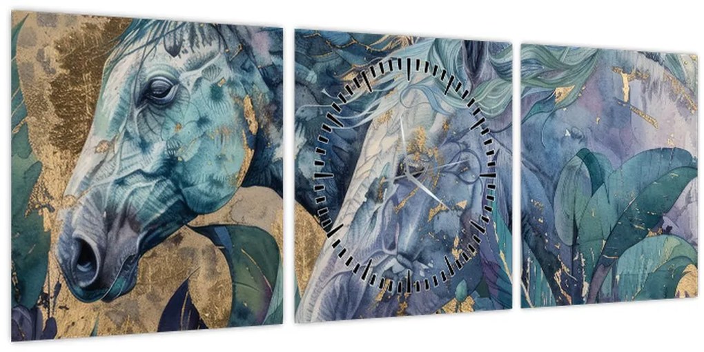 Tablou - Cai cu fundal auriu (cu ceas) (90x30 cm)