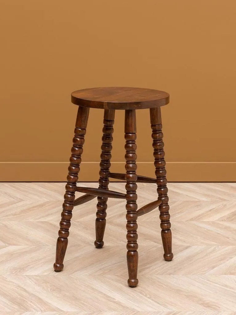 Scaun de bar din lemn de mango cu picioare sculptate, finisaj maro antichizat lucios, 66×36 cm, „Bolia"