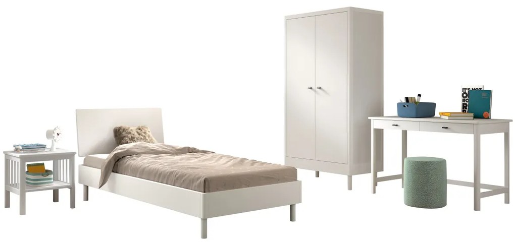 Set Complet Mobilier Camera Copii Forrest Beech, Pat 90x200 cm, Dulap cu 2 Uși, Noptieră și Birou, din Lemn de Fag Lăcuit Alb – Vipack