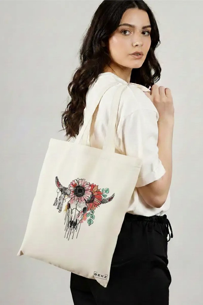 Sacosa de Panza pentru Cumparaturi, Geanta Tote, Cu Design Floral, 38x34.5 cm, Alba, BEKZ®