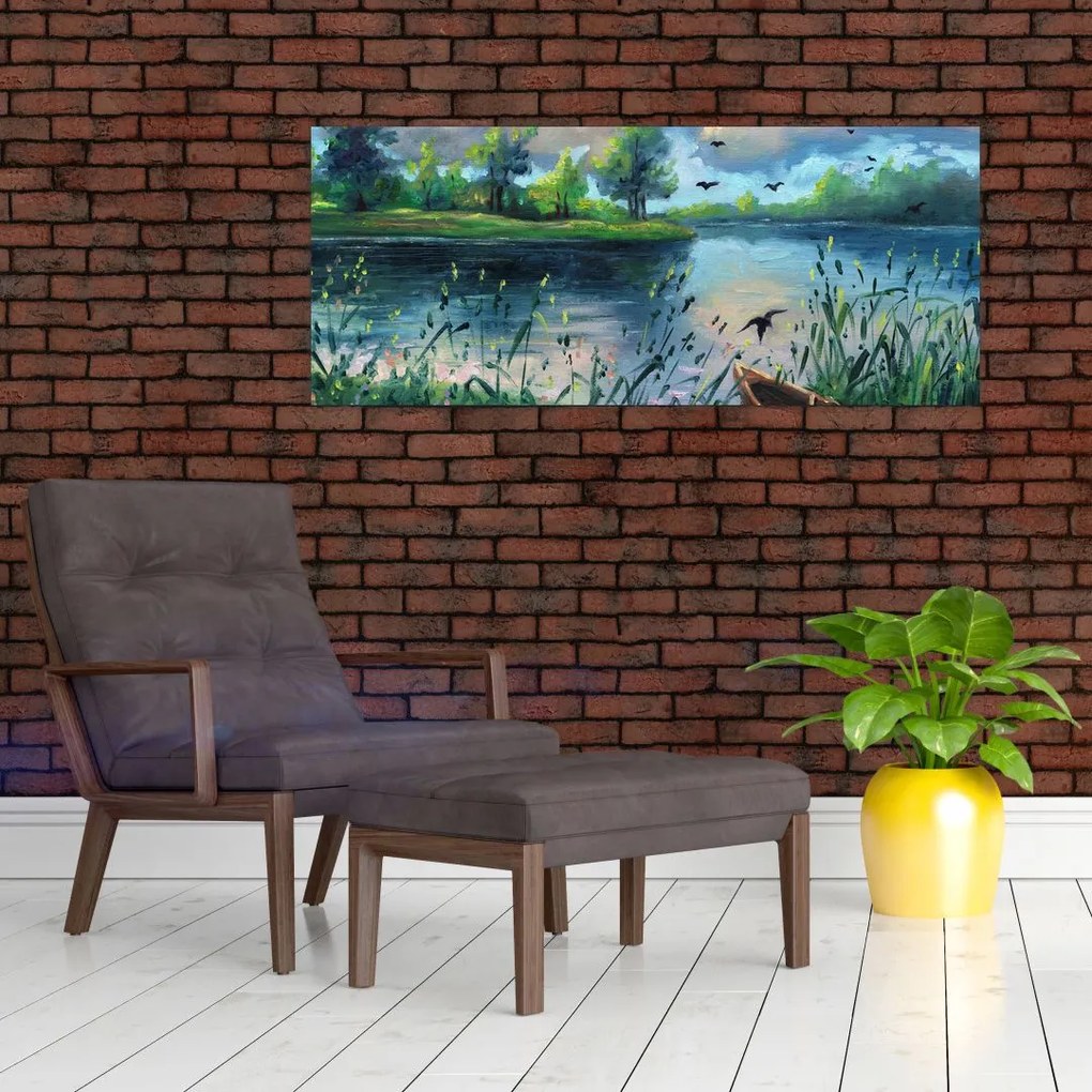 Tablou- Pictură în ulei, seară de vară lângă lac (120x50 cm)