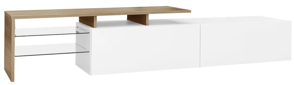 Comodă TV cu iluminare LED, spațiu de depozitare și rafturi din sticlă, 170x33x33,5 cm, Culoare naturală+Alb