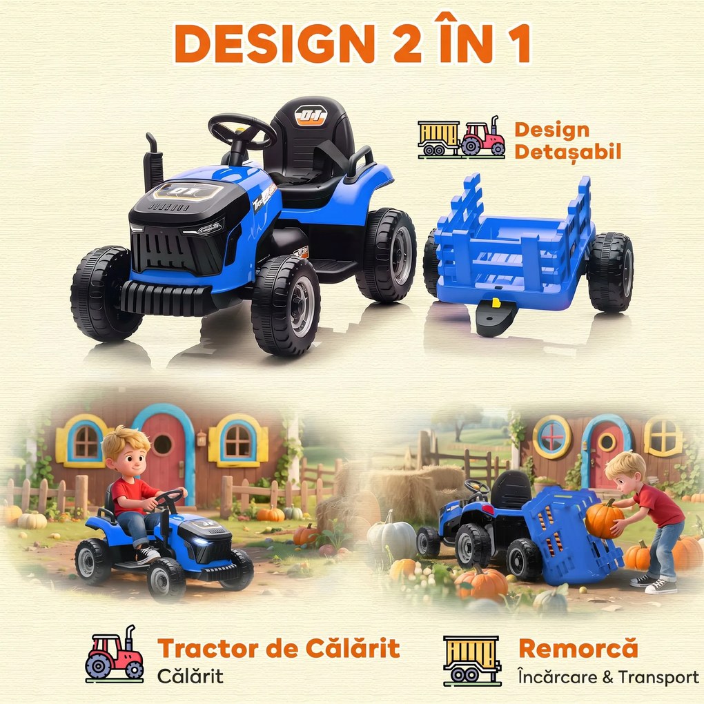 AIYAPLAY 2 în 1 Tractor Electric pentru Copii 3-8 Ani cu Remorcă Detașabilă, Telecomandă, Muzică, Lumini, Albastru | Aosom Romania