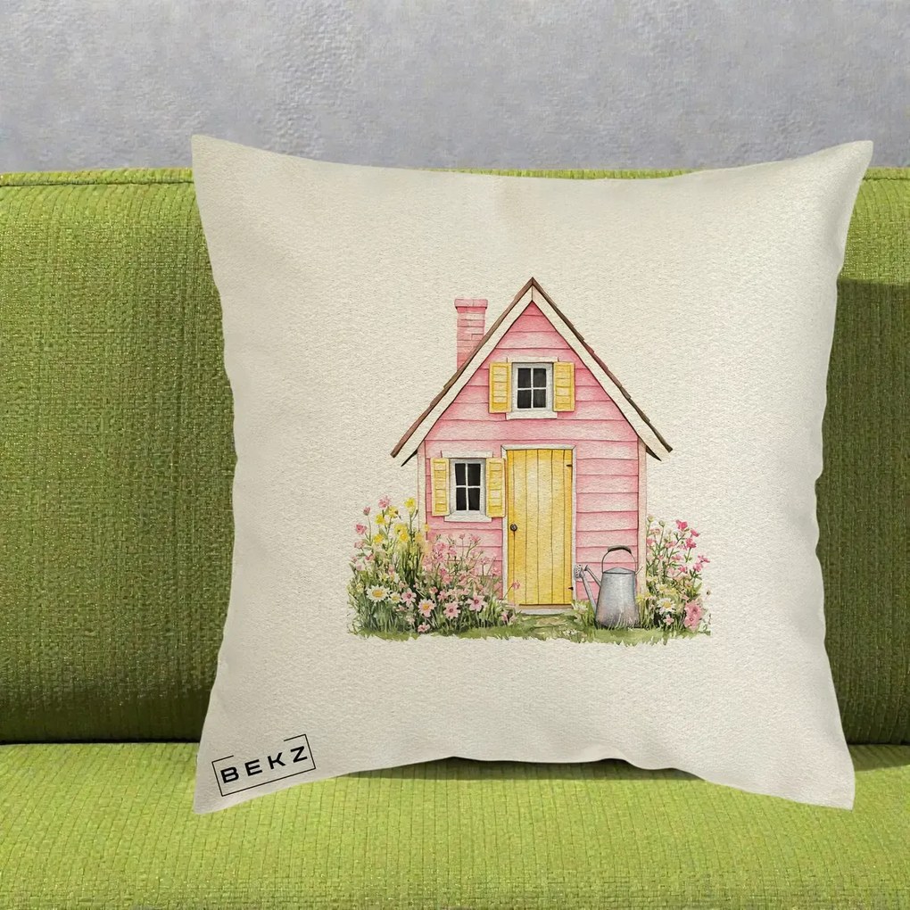 Perna Decorativa Casuta Roz Acuarela cu Gradina, 40x40 cm, Ecru, Husa Detasabila, Perna Inclusa, BEKZ®