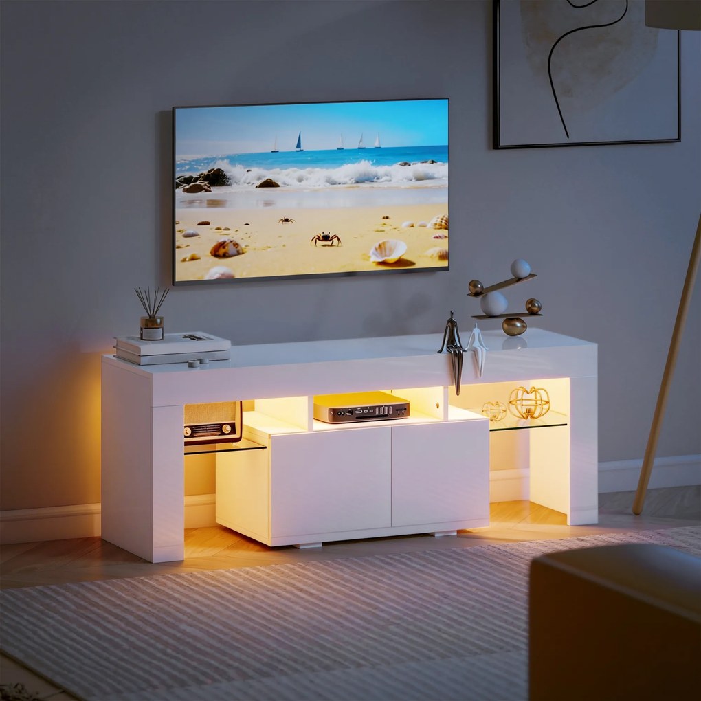 HOMCOM Dulap TV, mobilier TV cu iluminare LED RGB, finisaj ultra-lucios, rafturi din sticlă securizată, 120x34x45cm, alb | Aosom Romania