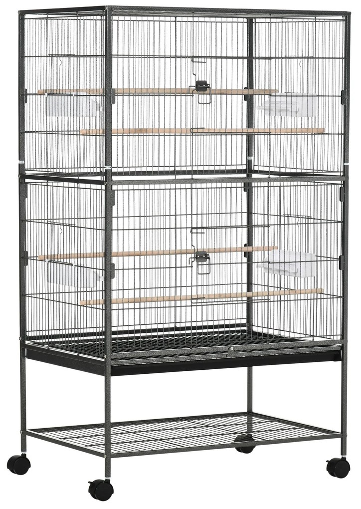Cusca papagali de Interior din Otel si Lemn cu Tavă Detasabila, 4 Roți, Recipient pentru Alimente 78x52x132cm, Gri Inchis PawHut | Aosom Romania