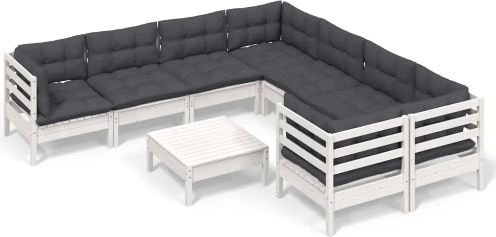 vidaXL Set mobilier de grădină cu perne, 9 piese, alb, lemn de pin