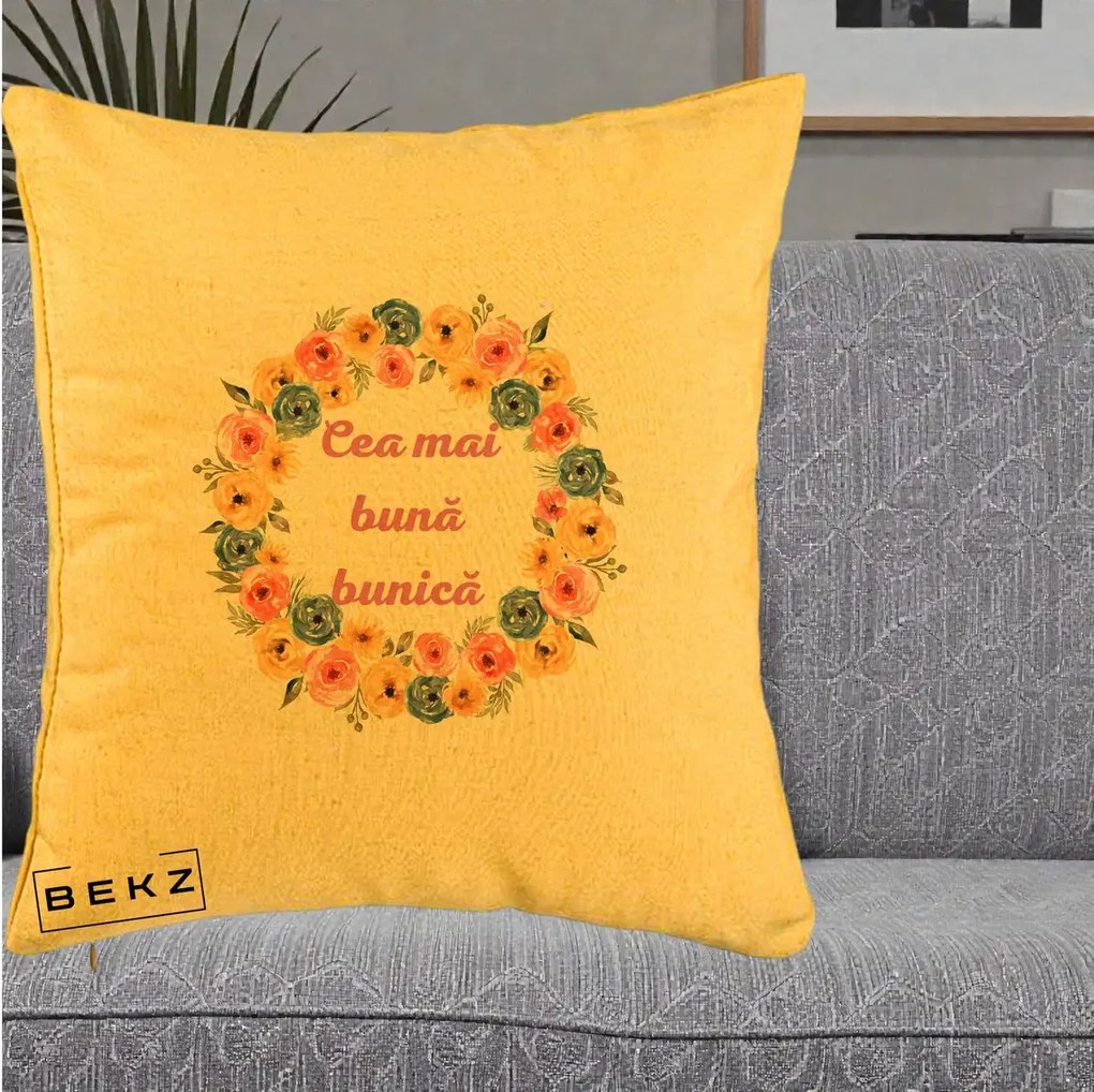 Perna personalizata bunica: Cea mai buna bunica, flori multicolore, 40x40 cm cu Umplutura, Galben, BEKZ