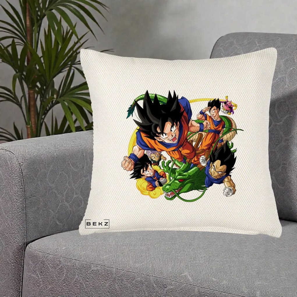 Perna Personalizata Dragon Ball Goku si Shenron Actiune, 40x40 cm, Crem Reliefat, Husa Detasabila, Perna Inclusa, BEKZ®