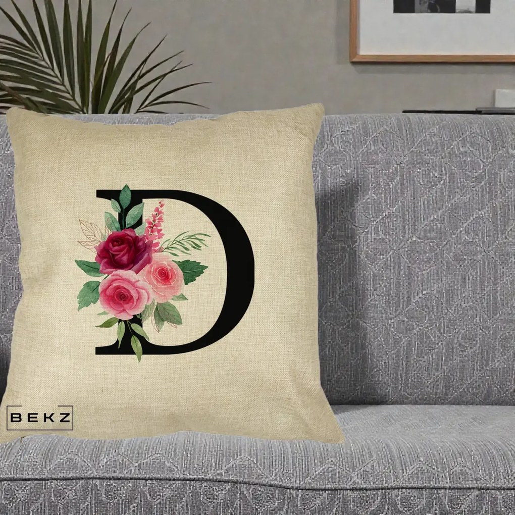 Cadou Personalizat - Perna Personalizata Monograma Florala Litera D, 40x40 cm, Crem, Husa Detasabila, Perna Inclusa, BEKZ®