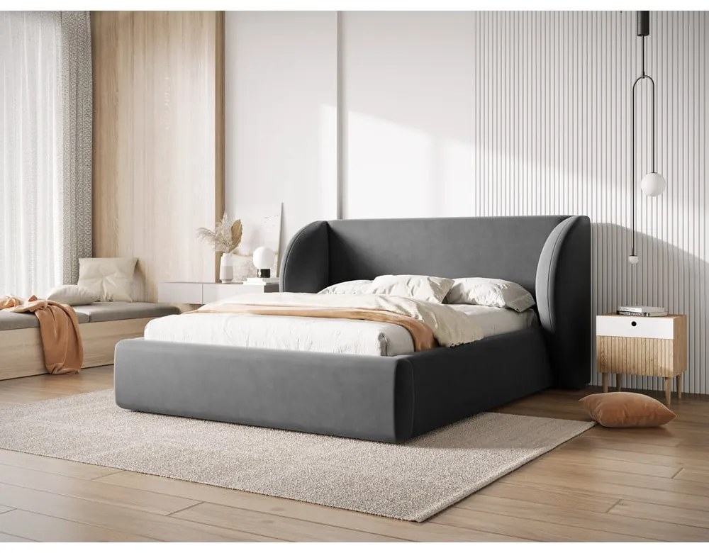 Pat dublu gri închis tapițat cu spațiu de depozitare și somieră 180x200 cm Miley – Micadoni Home