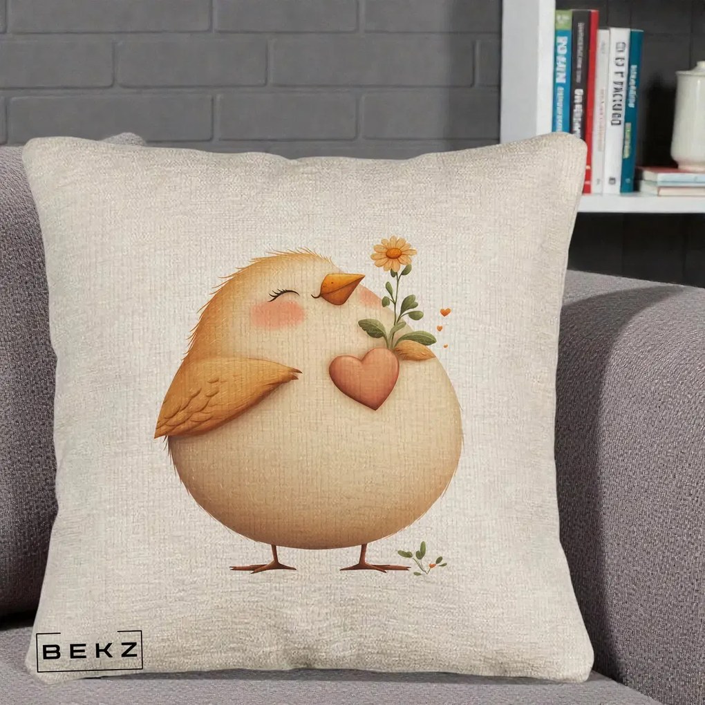 Perna Decorativa Pui cu Inima si Floarea-Soarelui, 40x40 cm, Bej Canapea, Husa Detasabila, Perna Inclusa, BEKZ®