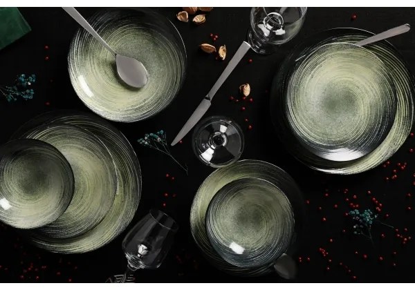 Set veselă 24 de piese verde/negru/porțelan
