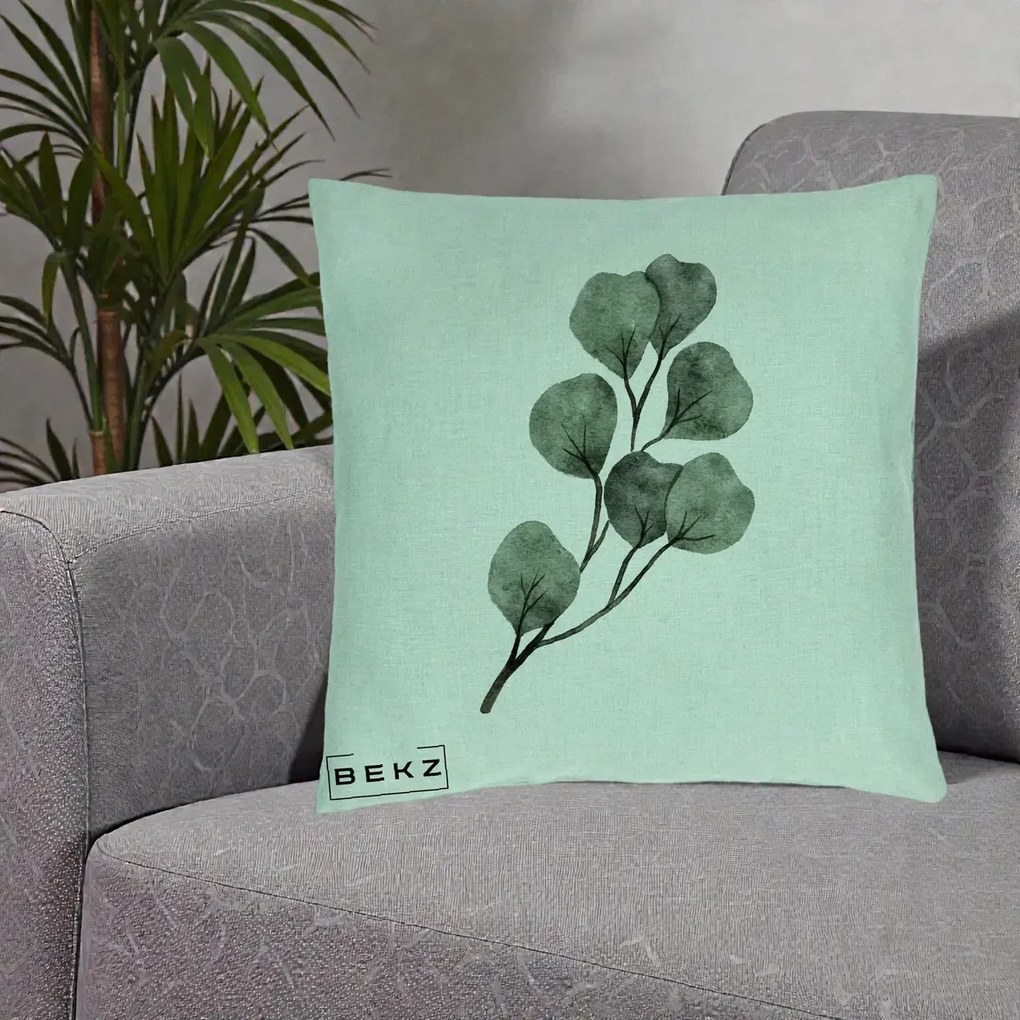 Perna Decorativa Ramura Eucalipt Acuarela, 40x40 cm, Verde Menta, Husa Detasabila, Perna Inclusa, BEKZ®