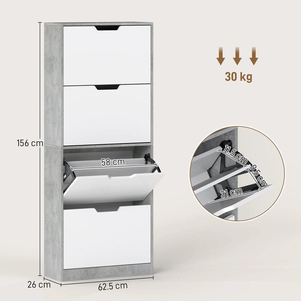 HOMCOM Scarpieră Economisitoare de Spațiu Modernă cu 4 Ante pentru 16 Perechi de Pantofi, 62.5x26x156 cm, Gri Ciment | Aosom Romania