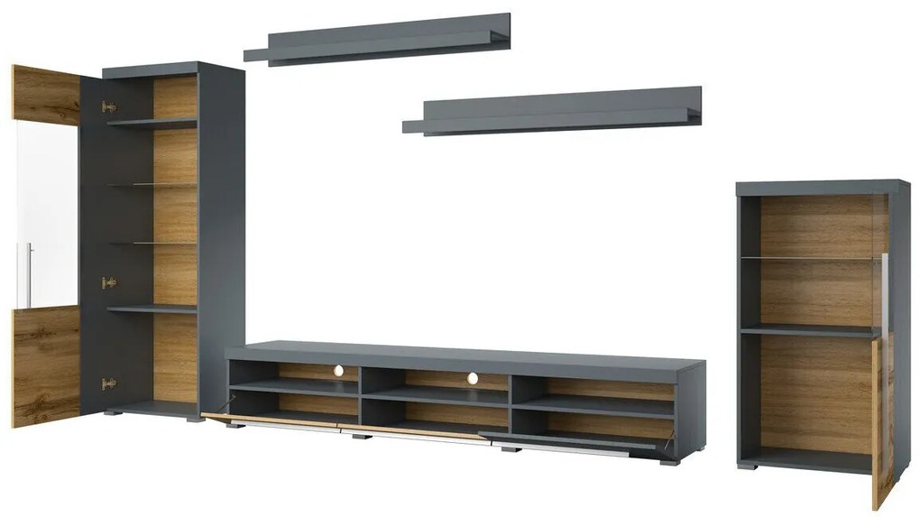Mobilă pentru sufragerie Austin AD103Wotan stejar, Gri, Cu comodă tv, Părți separate, Sticlă, PAL laminat, 160x270x40cm, 101 kg