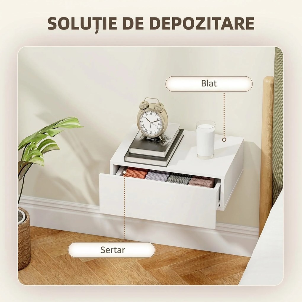 HOMCOM Set de 2 Noptiere Suspendate pentru Dormitor cu Sertar, 40x30x15 cm, Alb | Aosom Romania