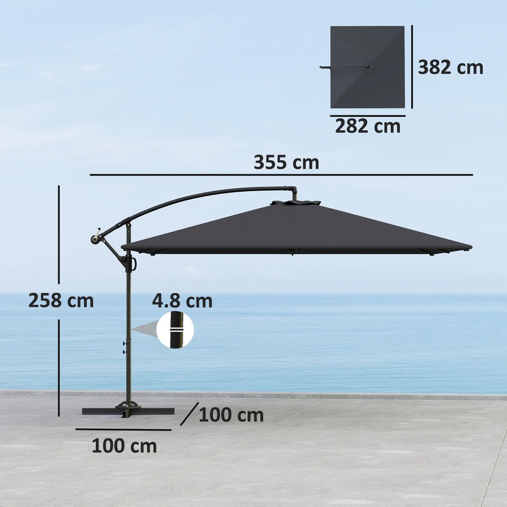 Outsunny Umbrelă Laterală cu Acoperiș Reglabil, Bază în Cruce, Orificii de Ventilație și Manivelă, 355x390x250 cm, Gri | Aosom Romania