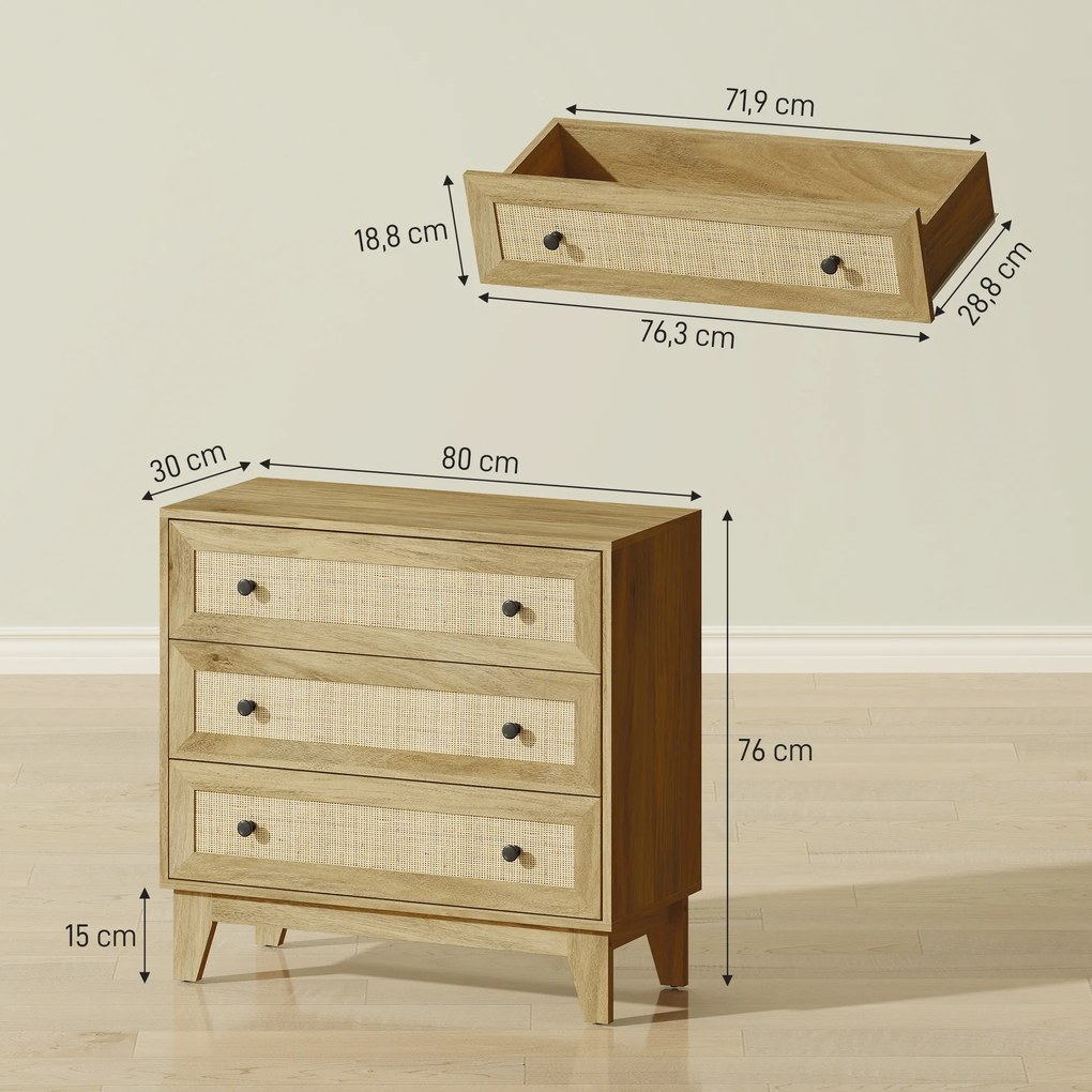 HOMCOM Comoda cu 3 Sertare Comoda de Lemn cu Frontale din Ratan Stil Cannage pentru Dormitor 80x35x76 cm Natural | Aosom Romania