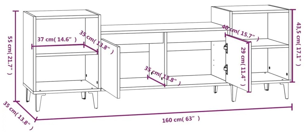 Comoda TV, gri sonoma, 160x35x55 cm, lemn prelucrat