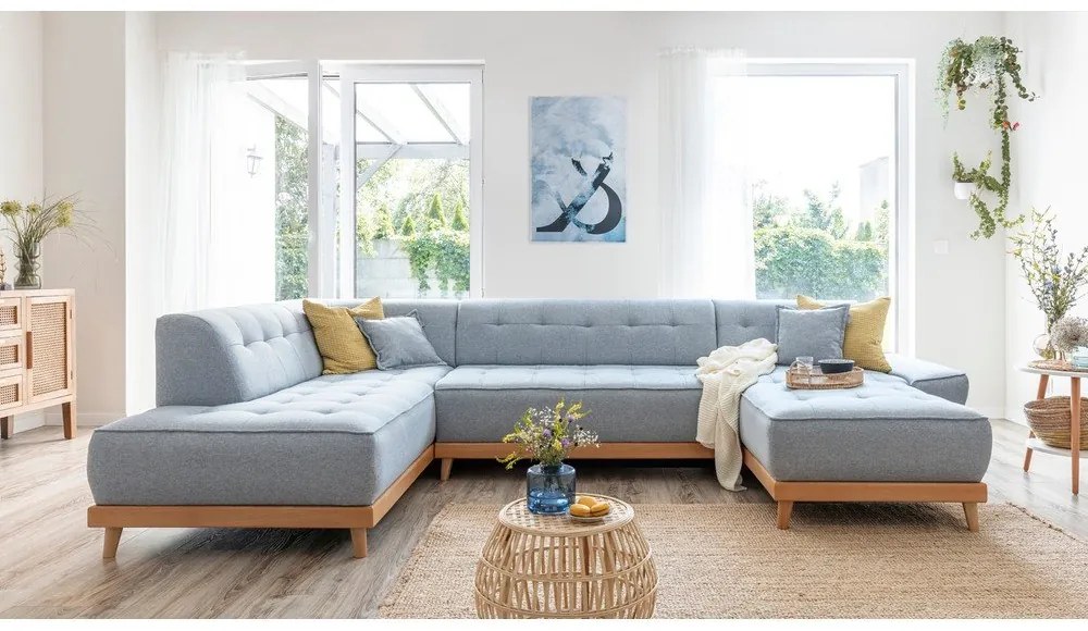 Canapea extensibilă în formă de "U" cu șezlong pe partea stângă Miuform Dazzling Daisy, albastru deschis