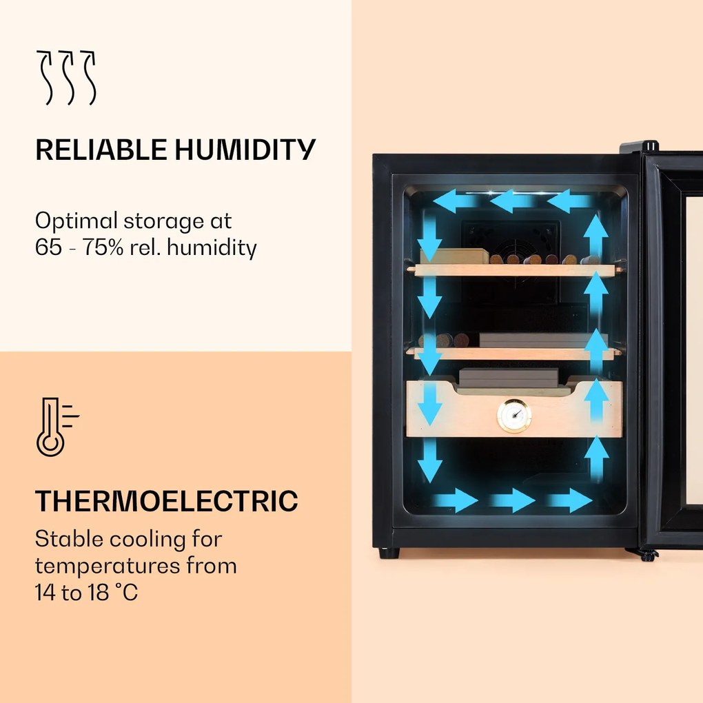 Klarstein El Presidente 37, Humidor pentru trabucuri, 37L,   2 sertare, 1 compartiment din lemn de cedru