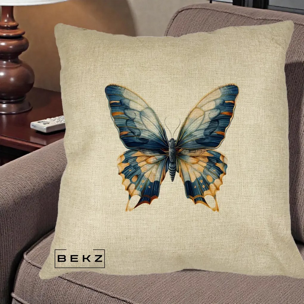 Perna Decorativa Fluture Albastru Auriu Elegant, 40x40 cm, Crem, Husa Detasabila, Perna Inclusa, BEKZ®