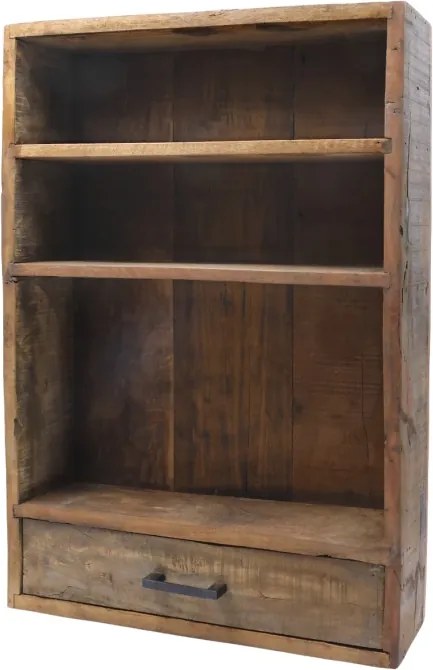 Etajeră de perete natur din lemn reciclat cu 2 rafturi și sertar 73x15x52 cm, „Grimaud"