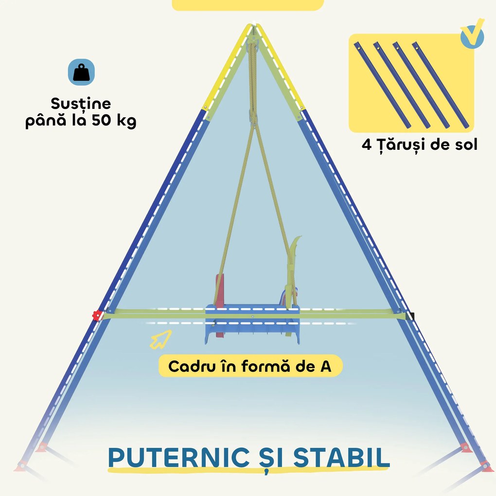 AIYAPLAY Leagăn de Grădină pentru Copii 3-în-1, Leagăn pentru Bebeluși Interior și Exterior, Înălțime Reglabilă, Cadru Pliabil din Oțel, Centură de Siguranță, Ușor de Montat, 9 Luni - 8 Ani, Albastru | Aosom Romania